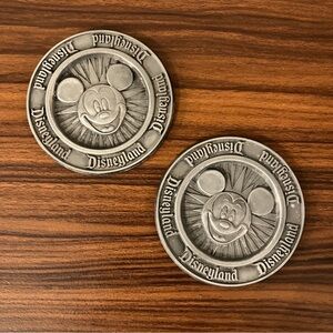 2 Vintage Disneyland metal silver pewter type Coasters drink holder Mickey Mouse